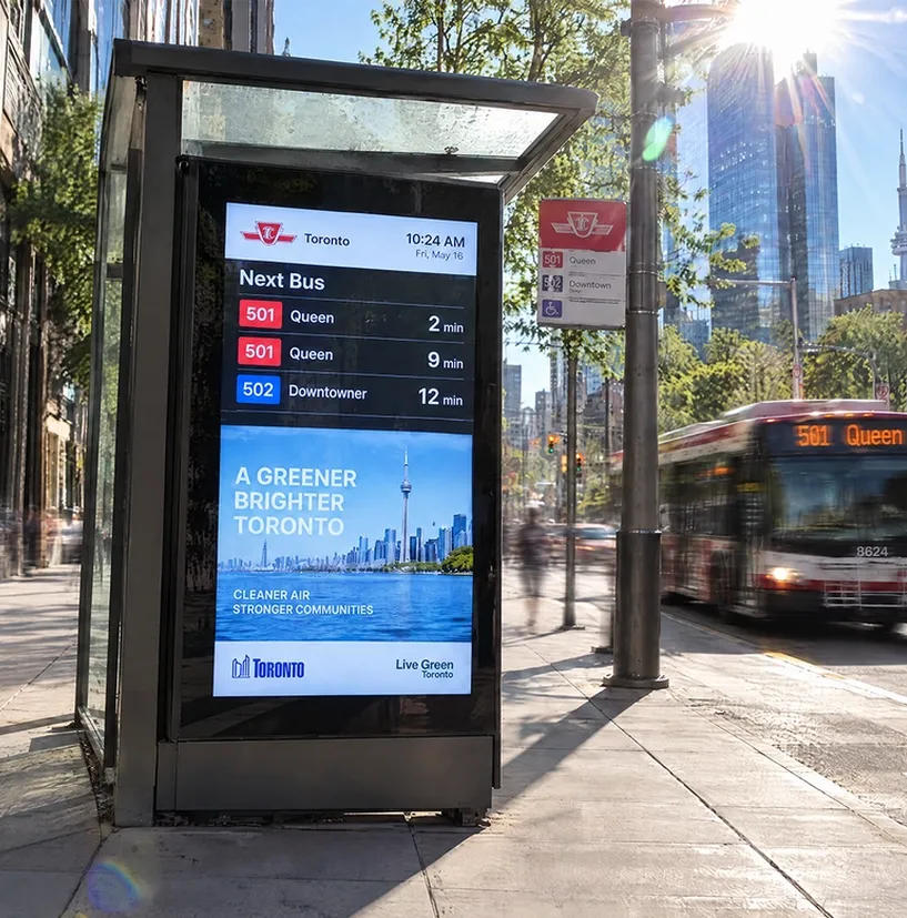 high-brightness display at a bus shelter