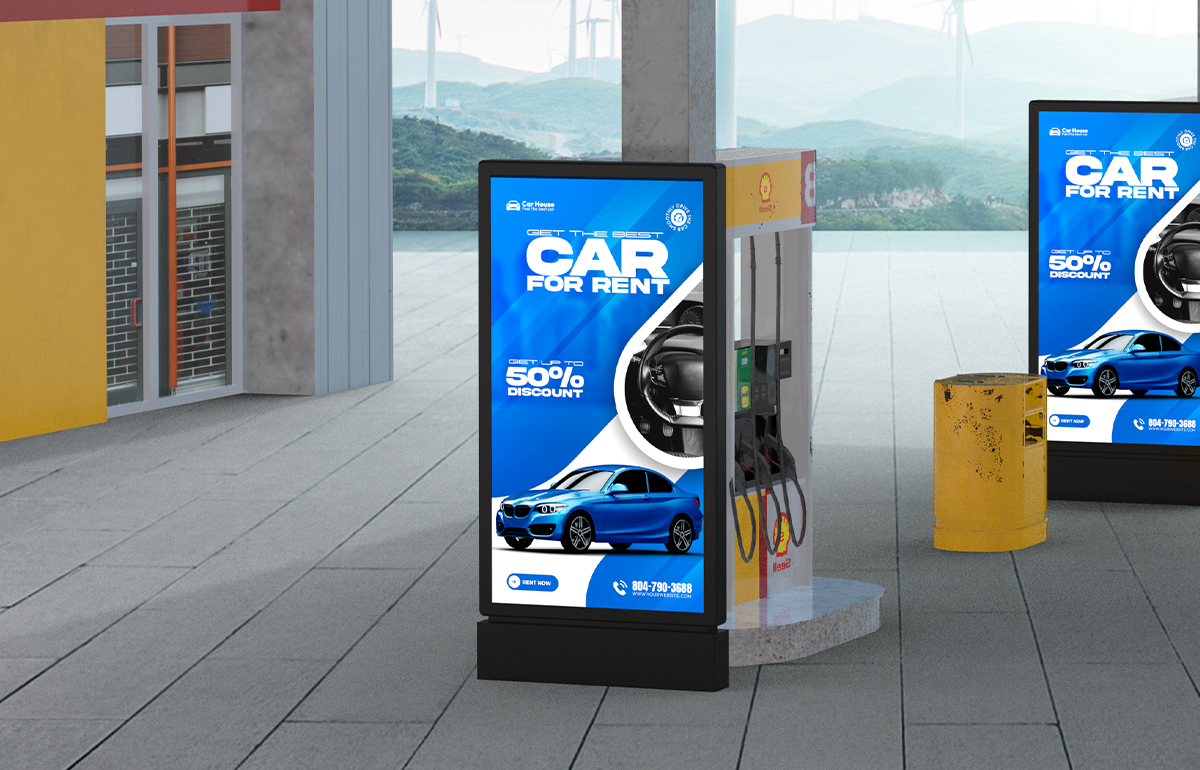large size LCD signage mount inside the gas station with car advertising