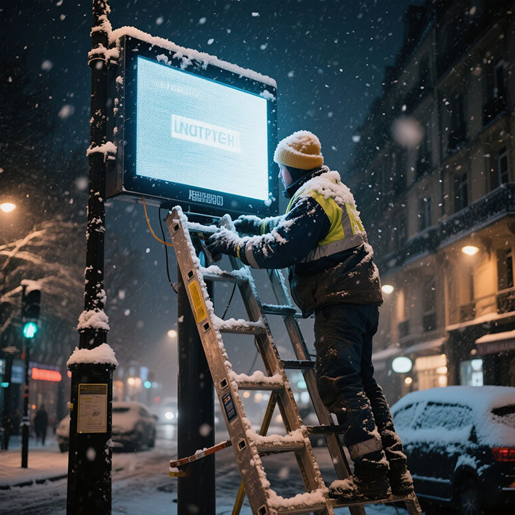 Scene of repairing high brightness LCD display screen in adverse weather conditions